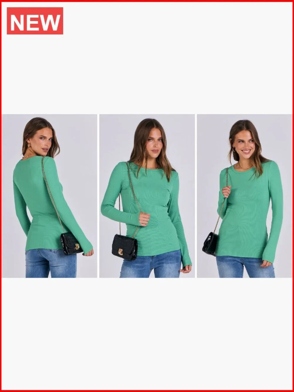 Long Sleeve Rib Knit Slim Fit T-Shirt Basic Tee Rayon Elastane - Picture 7 of 7